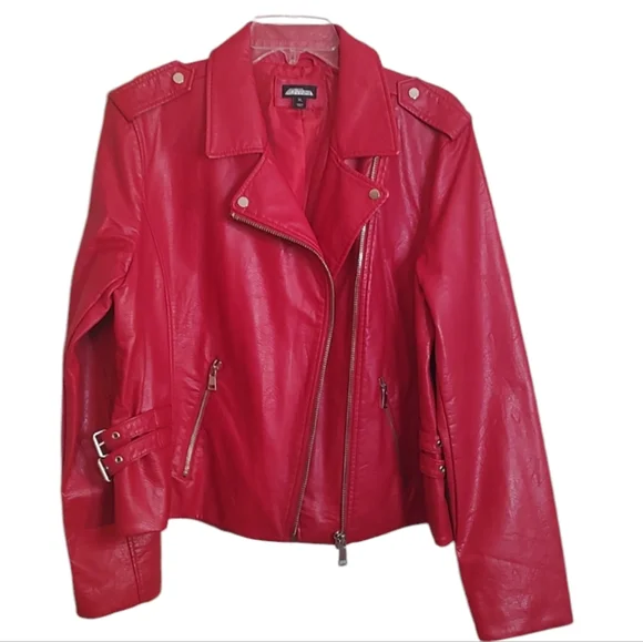 New Project Runway Red Faux Leather Moto Jacket with Silver Trim sz XL - Picture 5 of 7